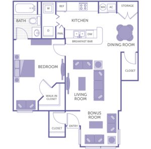 1 bed 1 bath floor plan, kitchen, dining room, living room, bonus room, 1 walk-in closet, 2 closets, 1 storage closet, washer and dryer in unit